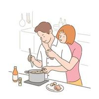 une femme serre dans ses bras un homme qui cuisine par derrière. illustrations de conception de vecteur de style dessinés à la main.