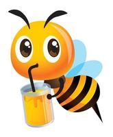 dessin animé mignon abeille heureuse buvant un grand verre de boissons au miel vecteur