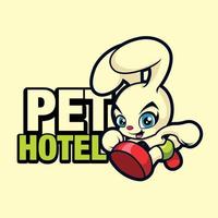 mascotte de dessin animé de lapin mignon fonctionnant avec le logo de l'hôtel pour animaux de compagnie - mascotte vectorielle vecteur