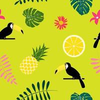 ananas aux fruits tropicaux, oiseau toucan et conception de fond transparente motif feuille de palmier. illustration vectorielle vecteur
