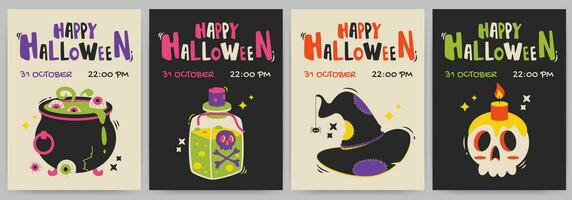 Halloween faire la fête. salutation cartes ou affiches ensemble avec calligraphie, chapeau, potion. vecteur