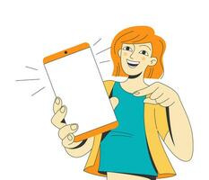 souriant de bonne humeur Jeune femme en portant et donnant une mobile téléphone. vecteur plat illustration isolé sur blanc Contexte.