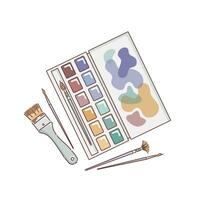 aquarelle des peintures dans cuvettes, une palette, une ensemble de différent artistique brosses. rond et plat, flûte brosse et ventilateur. vecteur illustration dans griffonnage style. La peinture fournitures. isoler, pastel couleurs