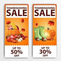 vente de Thanksgiving, deux bannières Web orange verticales avec jusqu'à 50 de réduction et jusqu'à 30 de réduction. coupons de réduction isolés sur fond blanc pour vos arts vecteur