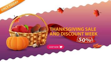 vente de Thanksgiving et semaine de remise, bannière rose avec panier de fruits et légumes vecteur