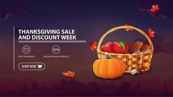 vente de Thanksgiving et semaine de remise, bannière de remise avec ville sur fond, panier de fruits et légumes vecteur