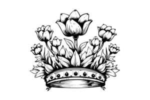 main tiré fleur couronne encre esquisser. ancien gravé vecteur illustration.