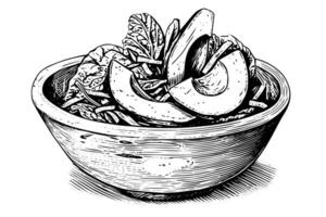 bol Avocat salade encre esquisser main dessiné. gravure style vecteur illustration.