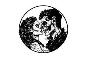 zombi couple garçon et fille encre esquisser. en marchant mort rencontre main dessin vecteur illustration.