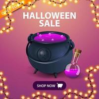 bannière de remise carrée rose pour halloween avec chaudron de sorcière avec potion et bouton vecteur