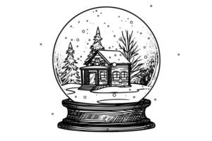 joyeux Noël cadeau neige globe flocon de neige arbre et maison à l'intérieur. vecteur gravure encre esquisser illustration.