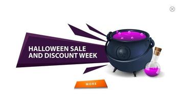 vente d'halloween et semaine de remise, remise violette moderne pour votre site Web avec chaudron de sorcière avec potion. pop-up pour votre art isolé sur fond blanc vecteur