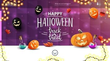 joyeux halloween, trick or treat, bannière d'invitation horizontale pour le site Web de la page d'accueil avec texture polygonale violette, ballons d'halloween, guirlande, feuilles d'automne, citrouille jack et poison en flacon vecteur