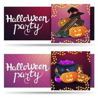 mettre des cartes d'invitation d'halloween à la fête d'halloween. cartes d'invitation horizontales roses et violettes à la fête d'halloween pour votre entreprise vecteur