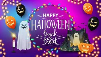 joyeux halloween, trick or treat, affiche de voeux avec arrière-plan flou, ballons d'halloween, guirlande, fantôme et citrouille vecteur
