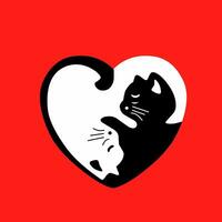 Animé vecteur logo noir et blanc chat formant une cœur symbole