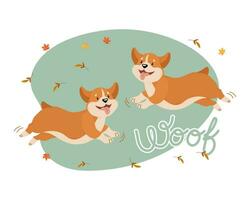 corgi de chiens drôles mignons dans un saut et le texte woof. illustration pour enfants, impression, vecteur