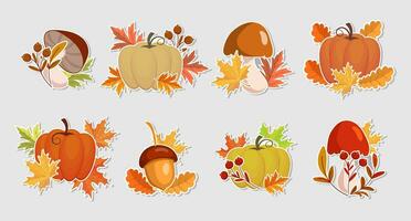 ensemble de l'automne autocollants, citrouilles, glands, champignons et l'automne feuilles et sorbier des oiseleurs. illustration, Icônes, modèle, vecteur