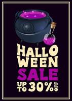 vente d'halloween, jusqu'à 30 de réduction, affiche de style typographique vertical à prix réduit avec chaudron de sorcière avec potion vecteur