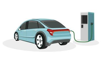 électrique véhicule mini voiture mise en charge parking à le chargeur station avec une prise de courant dans câble. mise en charge dans le arrière côté de voiture à batterie. isolé plat vecteur illustration sur blanc Contexte.