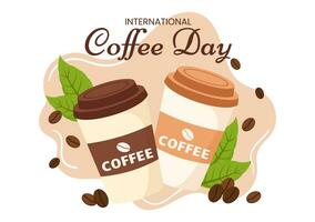 international café journée vecteur illustration sur 1er octobre avec parfumé boisson et marron Contexte dans plat dessin animé main tiré modèles