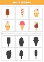 cartes assorties d'ombre pour les enfants d'âge préscolaire. crème glacée de dessin animé. vecteur