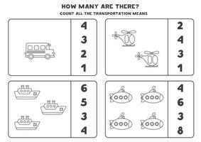 jeu de comptage avec moyens de transport. feuille de calcul mathématique. vecteur