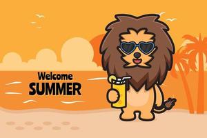 lion mignon tenant du jus d'orange avec une illustration d'icône de vecteur de dessin animé de bannière de voeux d'été