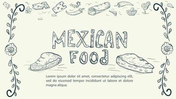 croquis d'illustration fait dans le style d'un doodle dessiné à la main pour un design sur le thème de l'ornement floral de la cuisine nationale mexicaine et des tacos de tortillas d'inscription vecteur