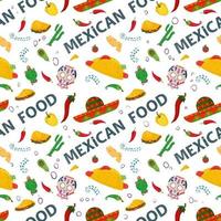 modèle sans fin plat sans fin sur le thème de la cuisine mexicaine piment rouge et vert et sombrero sur fond blanc vecteur