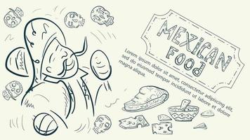 illustration un croquis fait dans le style d'un doodle dessiné à la main pour un dessin sur le thème de la cuisine nationale mexicaine un mexicain en vêtements nationaux avec des crânes de maracas et de la sauce piquante vecteur