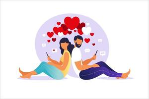 relations virtuelles. rencontres en ligne. homme et femme amoureux. couple assis dos à dos avec des smartphones. illustration vectorielle, style plat. vecteur