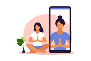 concept de yoga en ligne avec une femme en bonne santé faisant des exercices de yoga à la maison avec un instructeur en ligne. bien-être et mode de vie sain à la maison. femme faisant des exercices de yoga. illustration vectorielle. vecteur