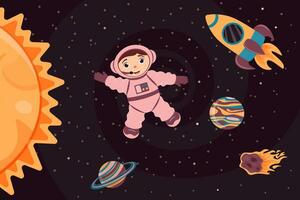 Contexte avec mignonne astronaute, fusée, planète et météorite dans dessin animé style. vecteur