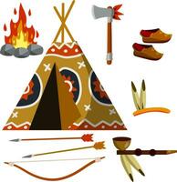 Indien wigwam. originaire de américain maison. nationale cabane. la nature de paysage. hache, arme, Feu et crâne de animal, tube, vêtements, arc et La Flèche. plat dessin animé vecteur