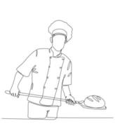 dessin au trait continu d'un boulanger cuisinant du pain. illustration vectorielle vecteur