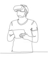 dessin au trait continu d'un homme jouant à un jeu portant des lunettes vr illustration vectorielle vecteur