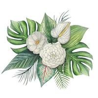 tropical bouquet. composition avec vert tropical feuilles et blanc fleurs, aquarelle vecteur
