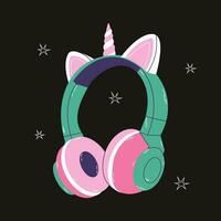 mignonne professionnel jeu écouteurs avec Licorne oreille pour les filles dans dessin animé style. coloré vert rose l'audio équipement pour écoute à musique. la musique dispositif icône ou imprimer. vecteur Stock illustration.