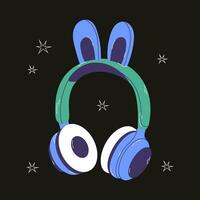 mignonne professionnel jeu écouteurs avec lapin oreilles pour les filles dans dessin animé style. coloré bleu vert l'audio équipement pour écoute à musique. la musique dispositif icône ou imprimer. vecteur Stock illustration.