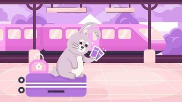 voyageur lapin sur Plate-forme mignonne refroidissement lo Fi fond d'écran. bagage touristique lapin avec train des billets 2d vecteur dessin animé personnage illustration, lofi anime Contexte. Années 90 kawaii esthétique, rêveur ambiance