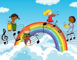 enfants heureux avec des symboles de mélodie de musique dans le ciel avec arc-en-ciel vecteur