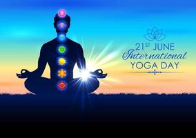 illustration d'un homme faisant des asanas pour la journée internationale du yoga le 21 juin avec le chakra tantra sapta signifiant sept roues de méditation vecteur
