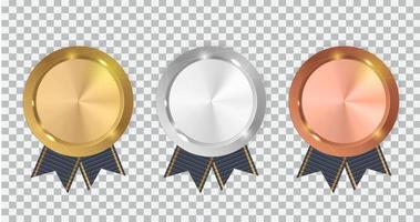 champion médaille d'or, d'argent et de bronze avec ruban bleu. signe d'icône de première, deuxième et troisième place isolé sur fond transparent. illustration vectorielle vecteur