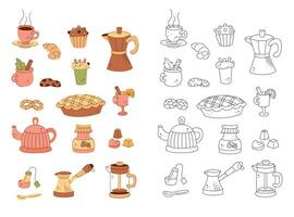une grand ensemble sur le thème de thé, café et des pâtisseries. noir et blanc et Couleur clipart vecteur illustration.