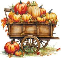 aquarelle dessin. l'automne wagon avec récolte, avec citrouilles et fleurs dans ancien style. action de grâces carte décoration, l'automne, récolte Festival vecteur