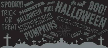 Halloween effrayant bannière. Halloween thème avec différent des textes. texte bannière Halloween avec cimetière. vecteur