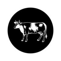 le vache icône sur une noir Contexte regards tout droit devant. gravé dessin esquisser. pour agriculture, Lait et du boeuf vecteur