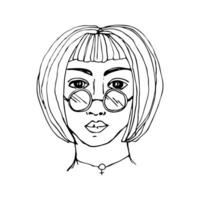 portrait de une Jeune féministe femme. ligne dessin de une cheveux courts fille dans rond des lunettes avec une pendentif signe de féminisme sur sa cou. contour vecteur