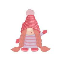 lutin fille dans rose vêtements avec nattes et une rayé chapeau. Noël gnome pour filles, clipart vecteur